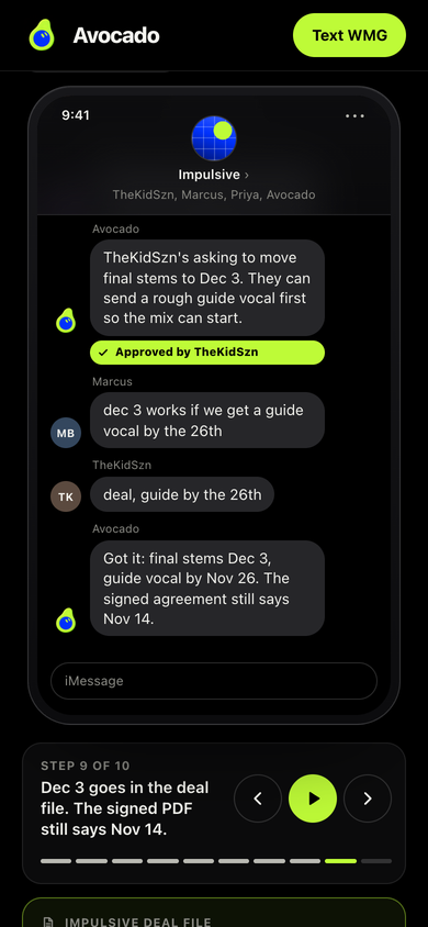 Avocado's demo with fictional people. The artist approves a request to move the final stems to Dec 3. In the label group chat, Avocado confirms the new date and points out that the signed agreement still says Nov 14.