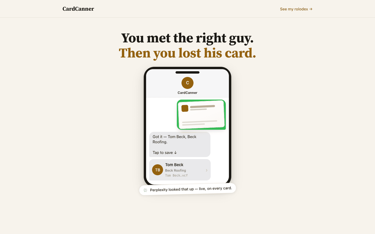 CardCanner public home page showing an illustrative text conversation that turns a business card photo into a saved contact.