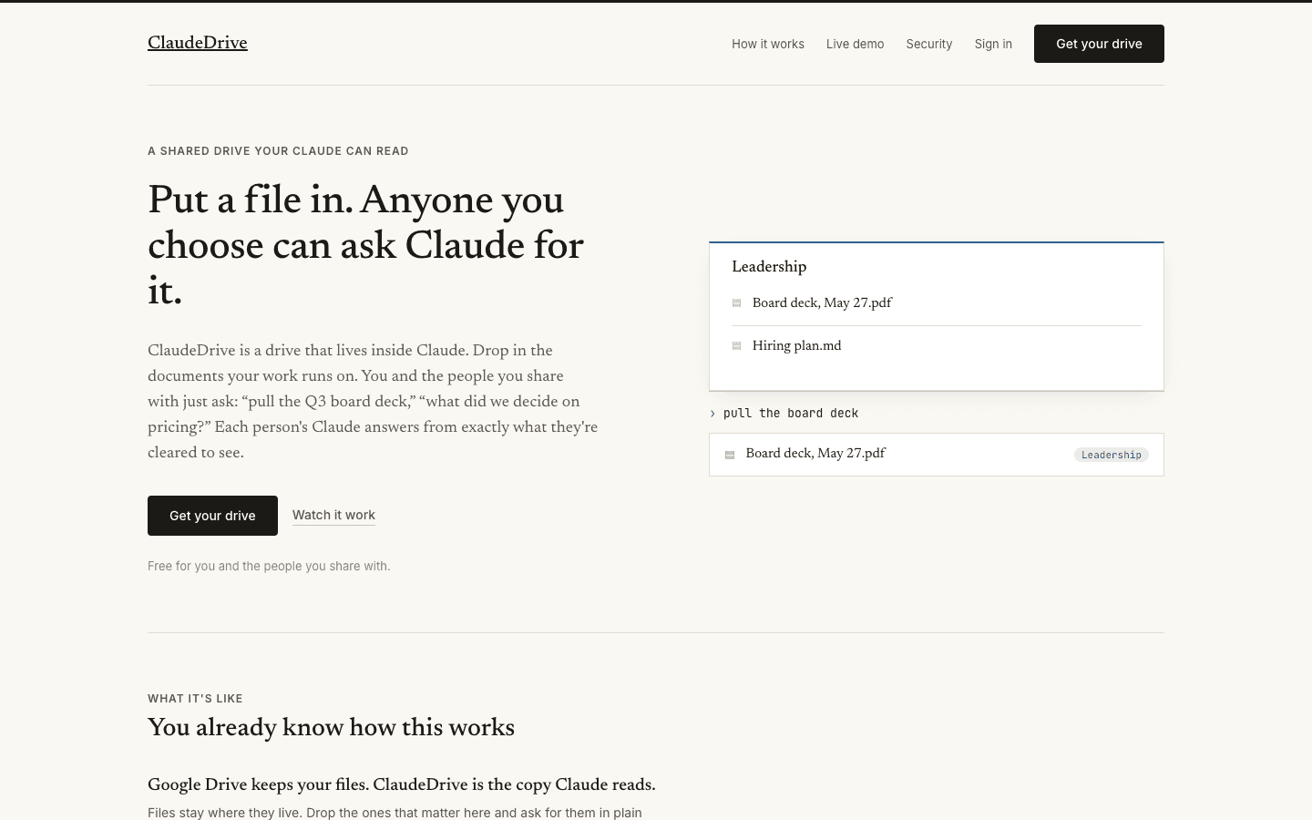ClaudeDrive public home page showing a sample shared folder and a source-linked document answer.