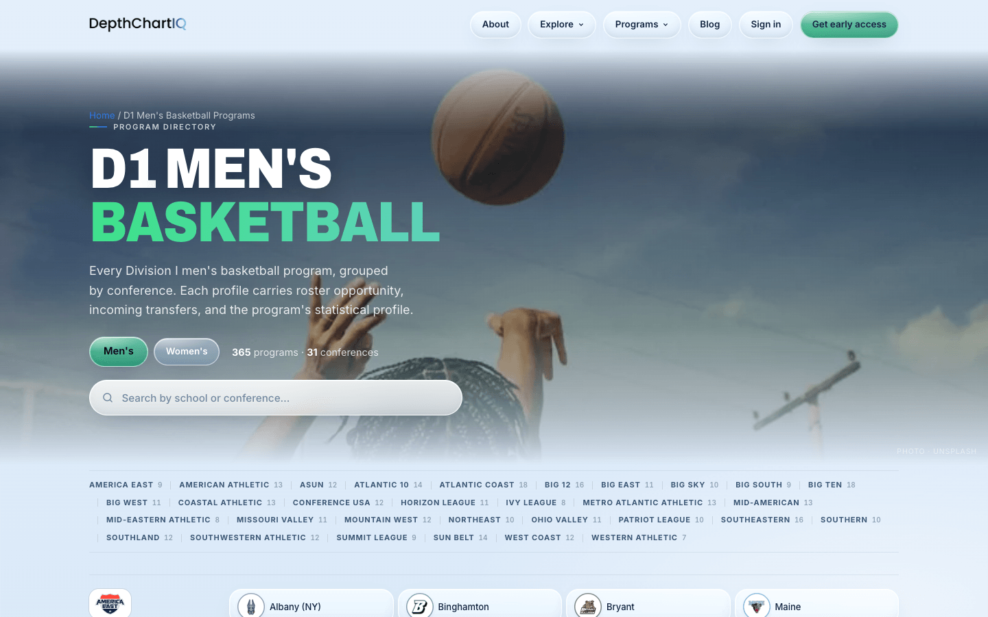 DepthChartIQ public directory of D1 basketball programs, grouped by conference with a school search.