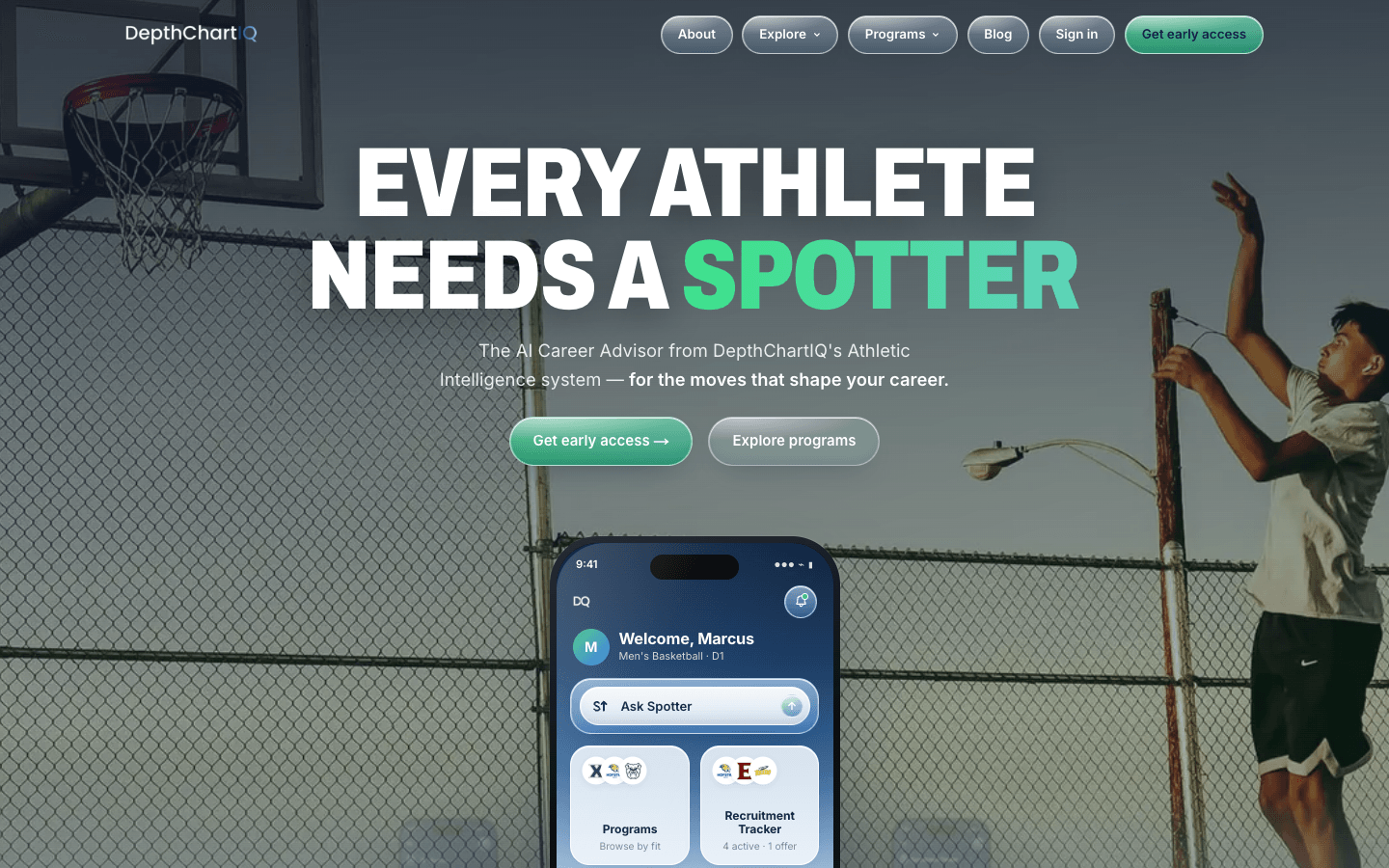 DepthChartIQ public home page introducing Spotter, with a basketball court and an illustrative advisor screen.