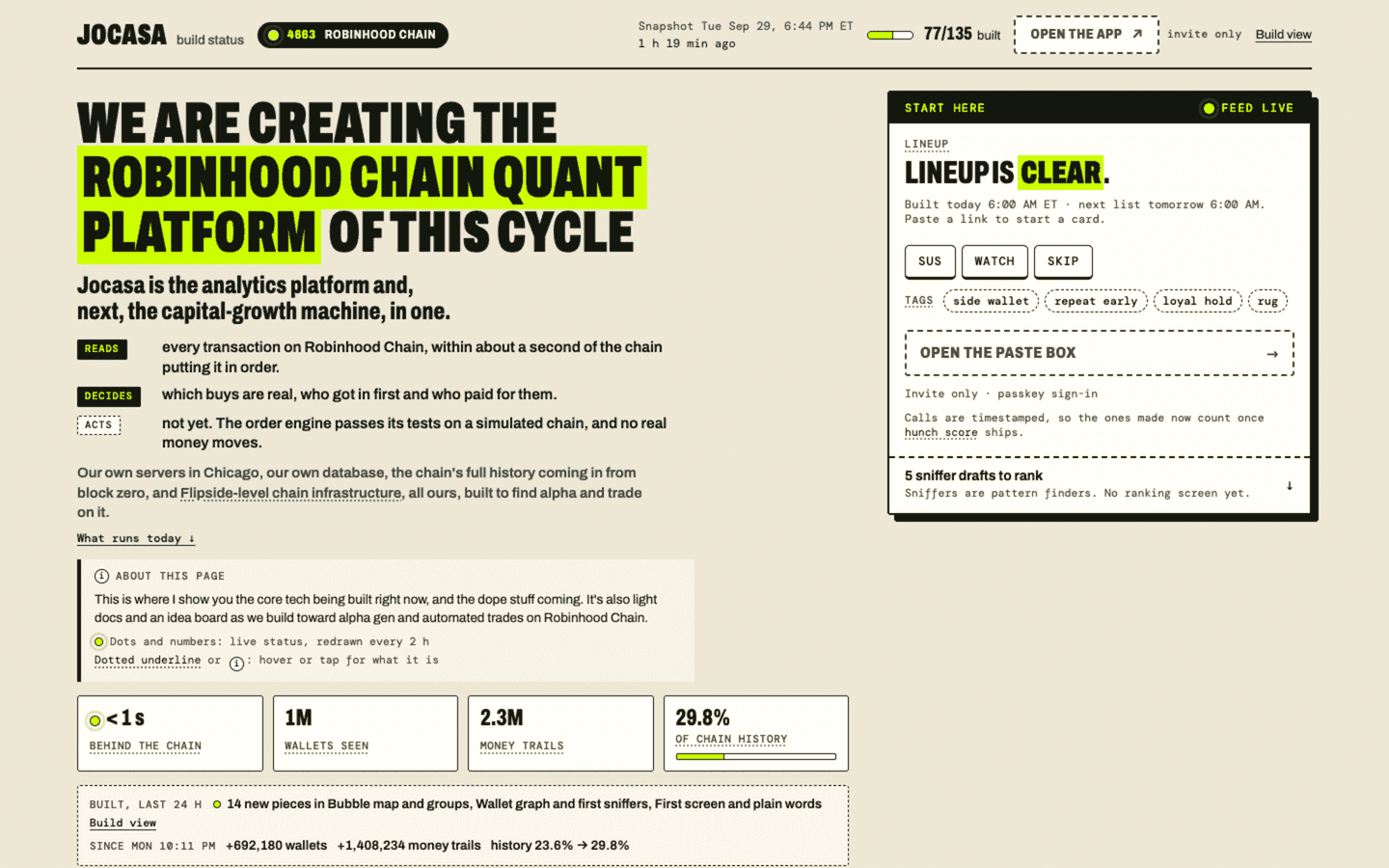 Jocasa's live status page, with its chain feed, snapshot time and build status.