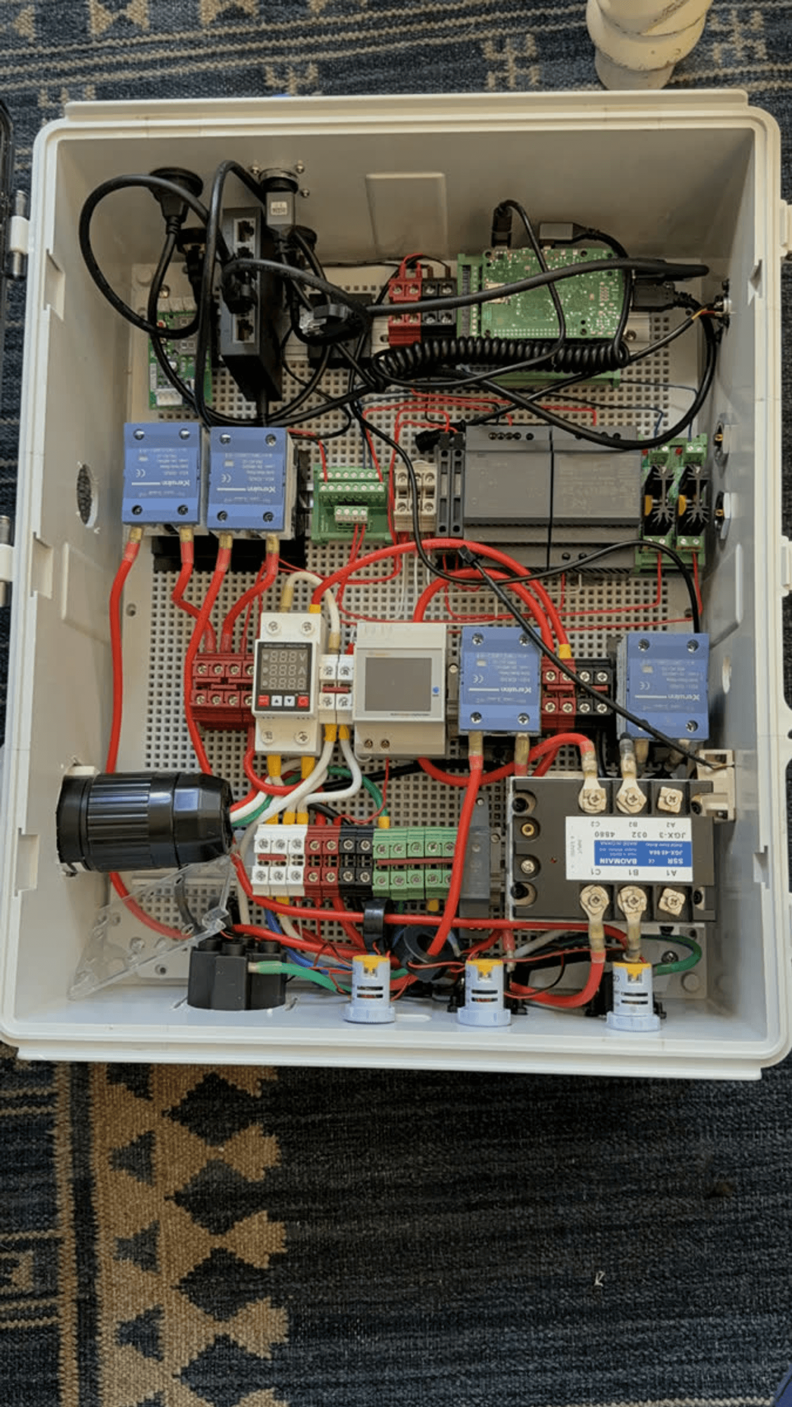 The open controller box from above: DIN rails, relays, power meters, a Raspberry Pi and red wiring.