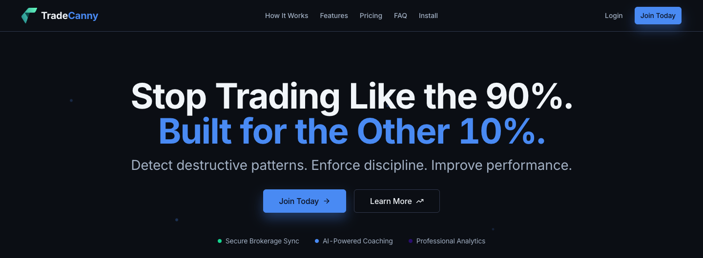 TradeCanny public home page introducing its AI trading coach and brokerage sync.