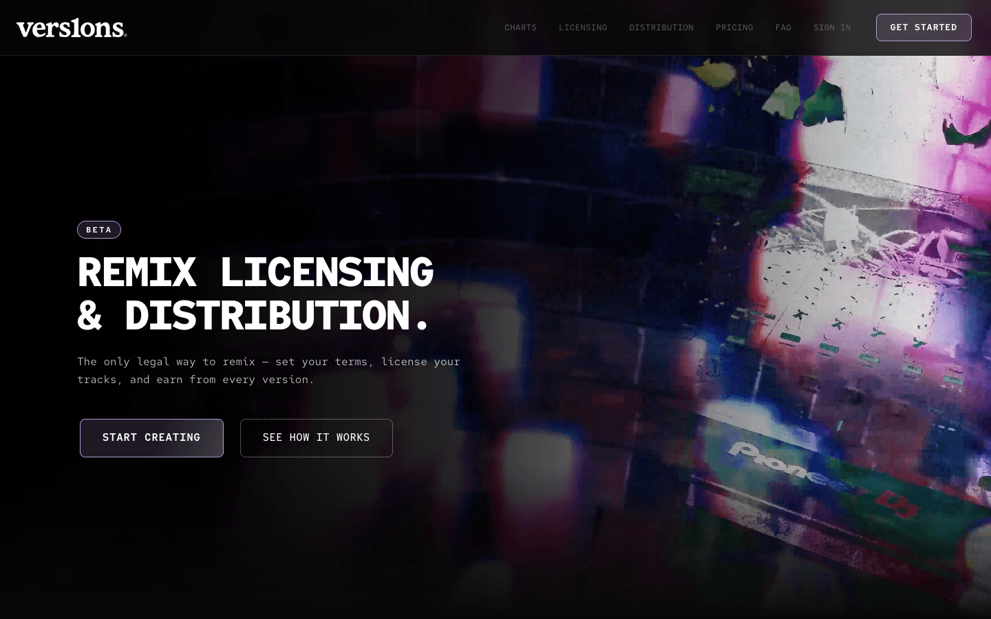 Vers1ons public home page with remix licensing over concert footage.